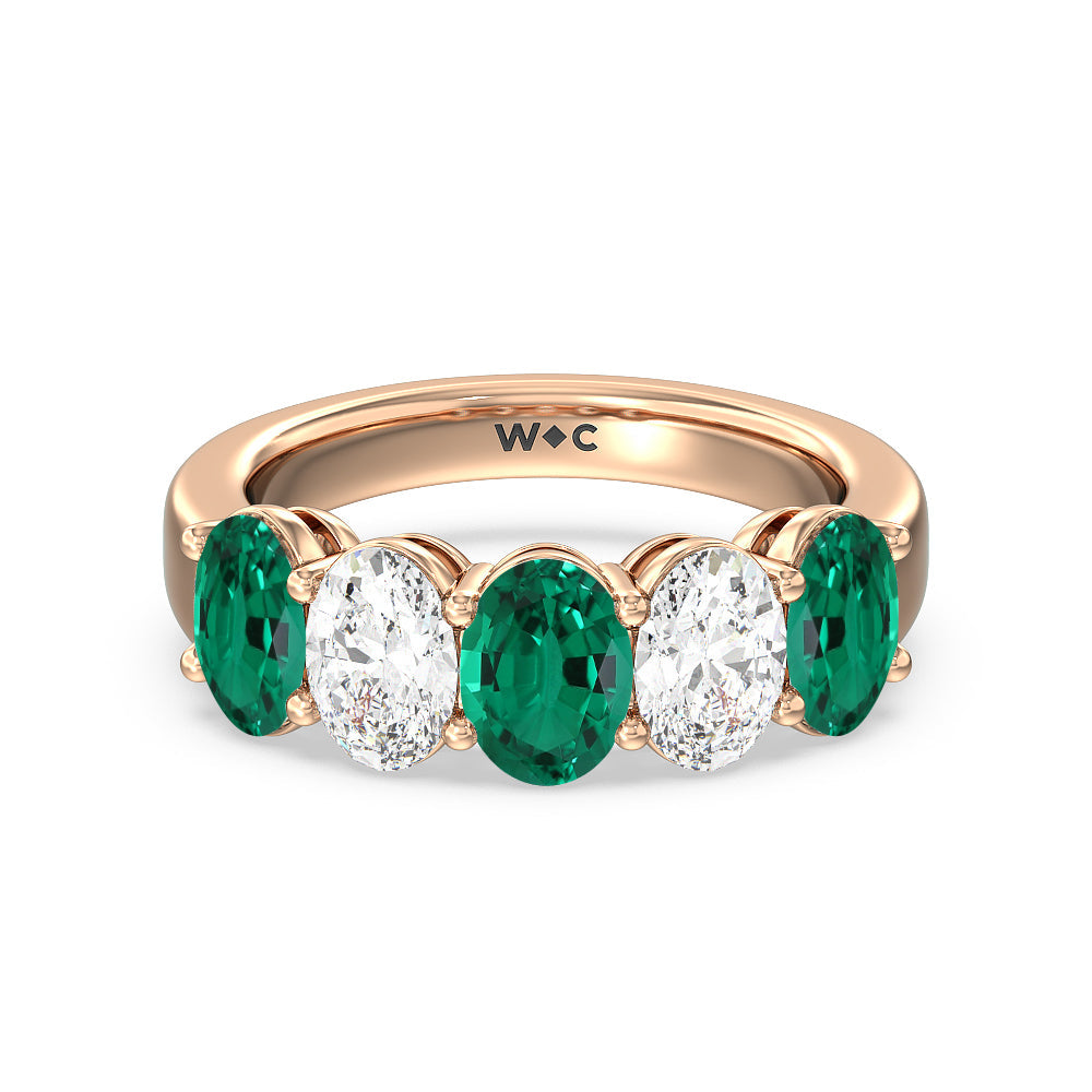 Five Stone Created Emerald and Oval Diamond Anniversary Ring with 14KT Rose Gold Cut Diamond in 14KT Rose Gold view 1
