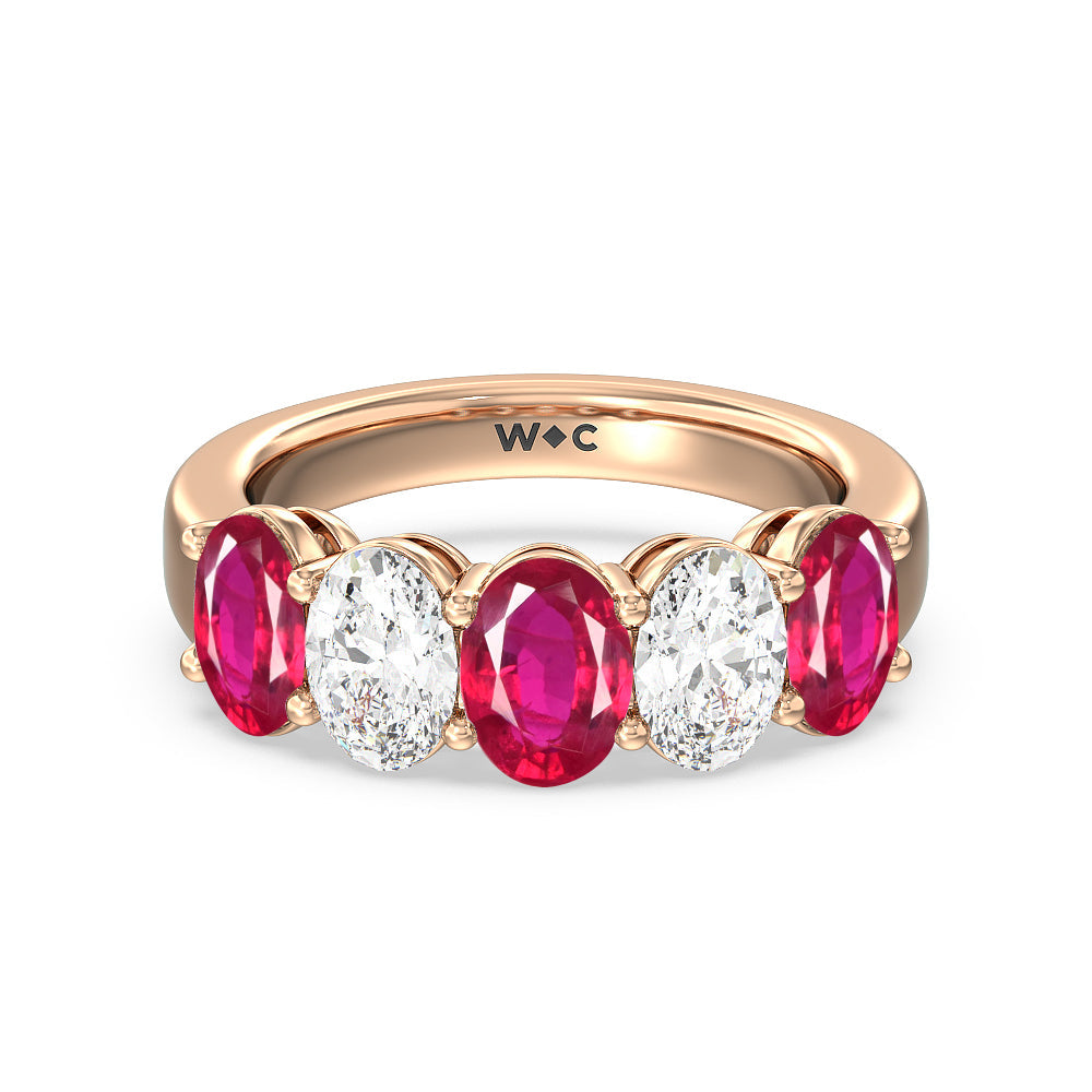 Five Stone Created Ruby and Oval Diamond Anniversary Ring with 14KT Rose Gold Cut Diamond in 14KT Rose Gold view 1
