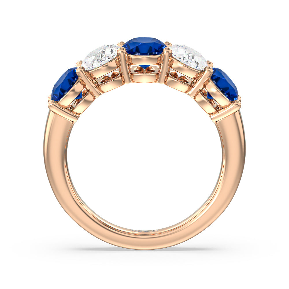 Five Stone Created Sapphire and Oval Diamond Anniversary Ring with 14KT Rose Gold Cut Diamond in 14KT Rose Gold view 3
