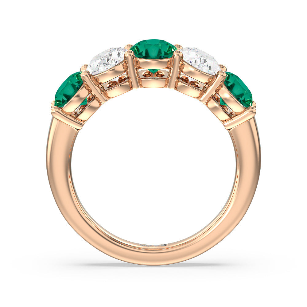 Five Stone Created Emerald and Oval Diamond Anniversary Ring with 14KT Rose Gold Cut Diamond in 14KT Rose Gold view 3

