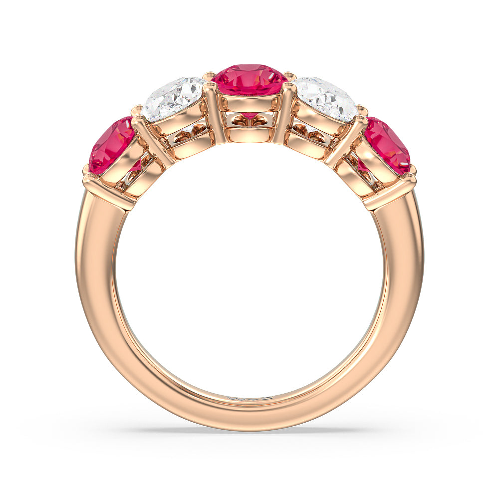 Five Stone Created Ruby and Oval Diamond Anniversary Ring with 14KT Rose Gold Cut Diamond in 14KT Rose Gold view 3
