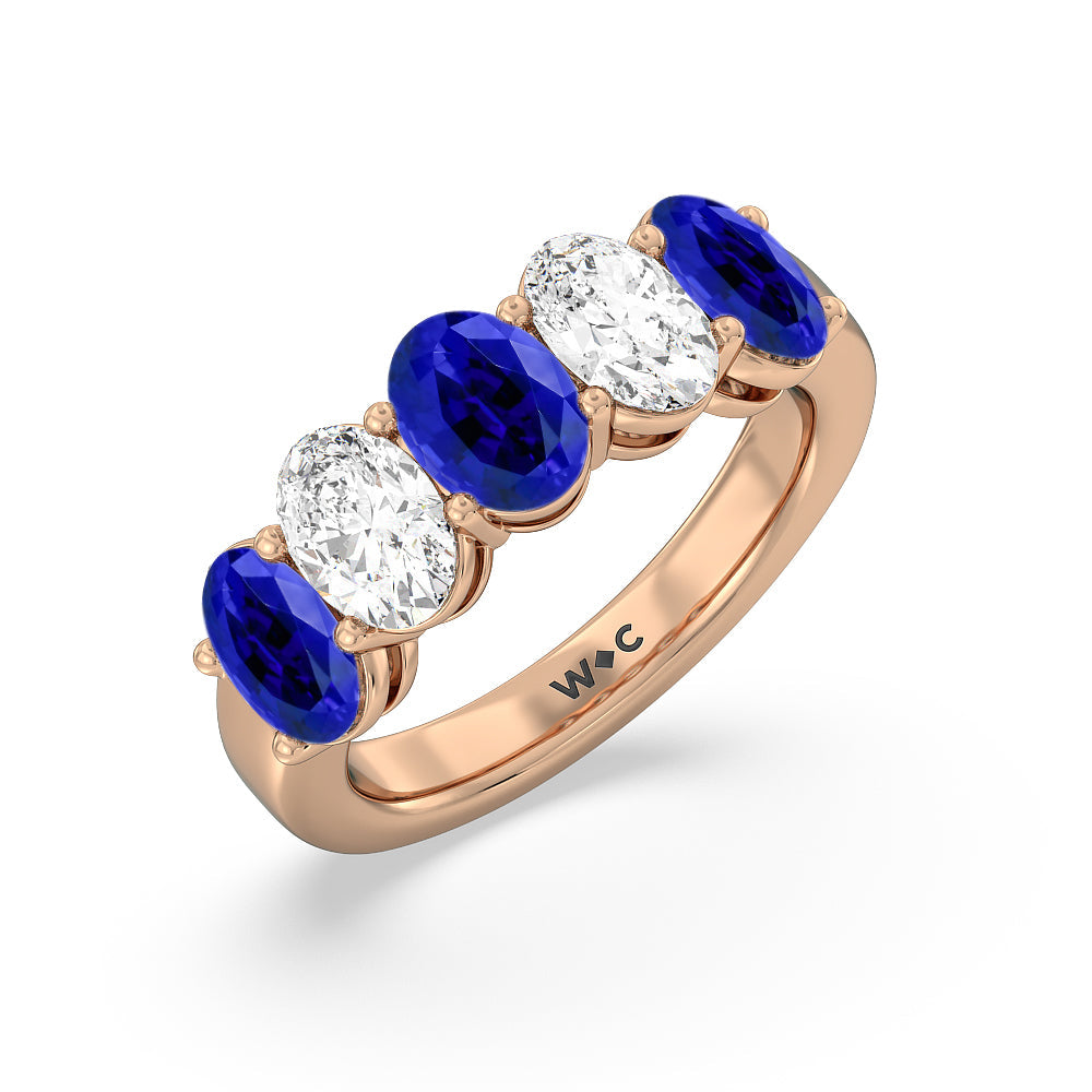 Five Stone Created Sapphire and Oval Diamond Anniversary Ring with 14KT Rose Gold Cut Diamond in 14KT Rose Gold view 2
