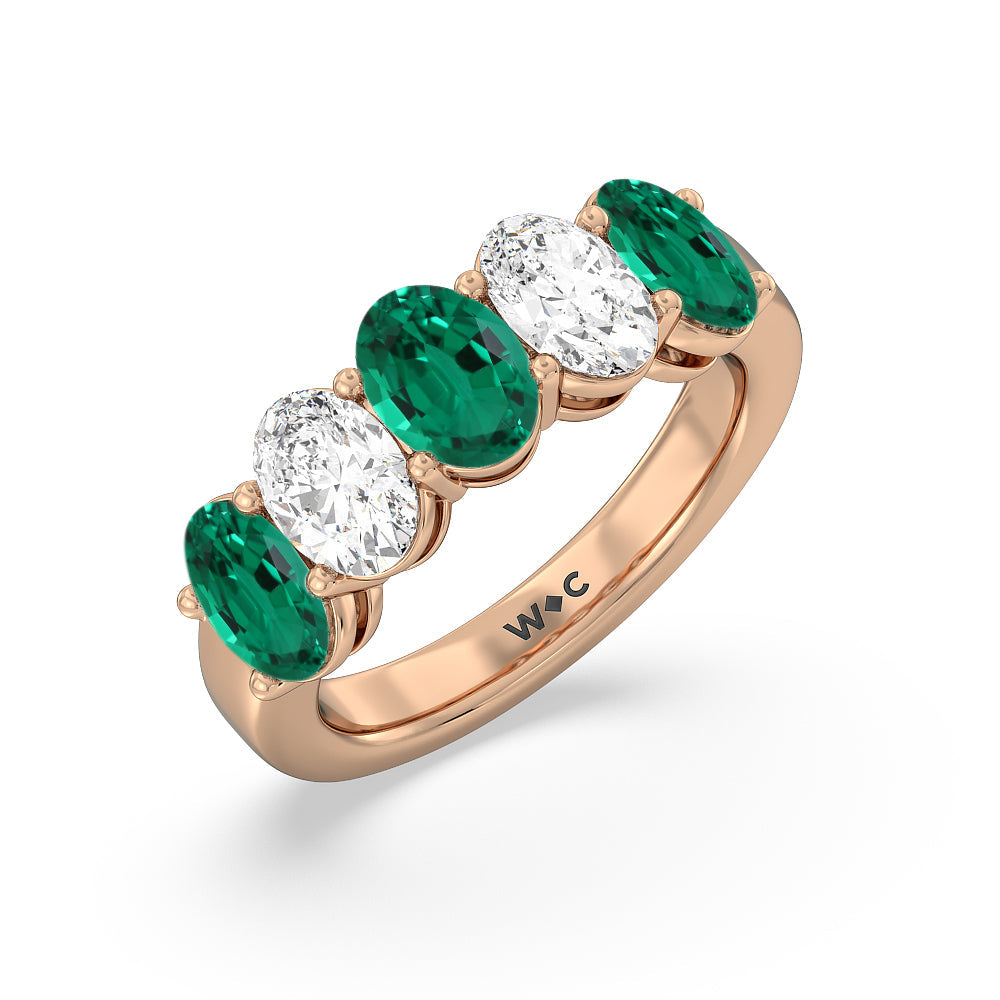 Five Stone Created Emerald and Oval Diamond Anniversary Ring with 14KT Rose Gold Cut Diamond in 14KT Rose Gold view 2
