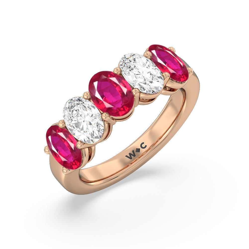 Five Stone Created Ruby and Oval Diamond Anniversary Ring with 14KT Rose Gold Cut Diamond in 14KT Rose Gold view 2
