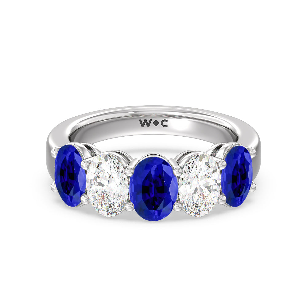 Five Stone Created Sapphire and Oval Diamond Anniversary Ring with 14KT White Gold Cut Diamond in 14KT White Gold view 1
