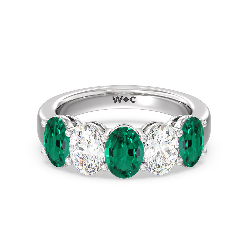 Five Stone Created Emerald and Oval Diamond Anniversary Ring with 14KT White Gold Cut Diamond in 14KT White Gold view 1
