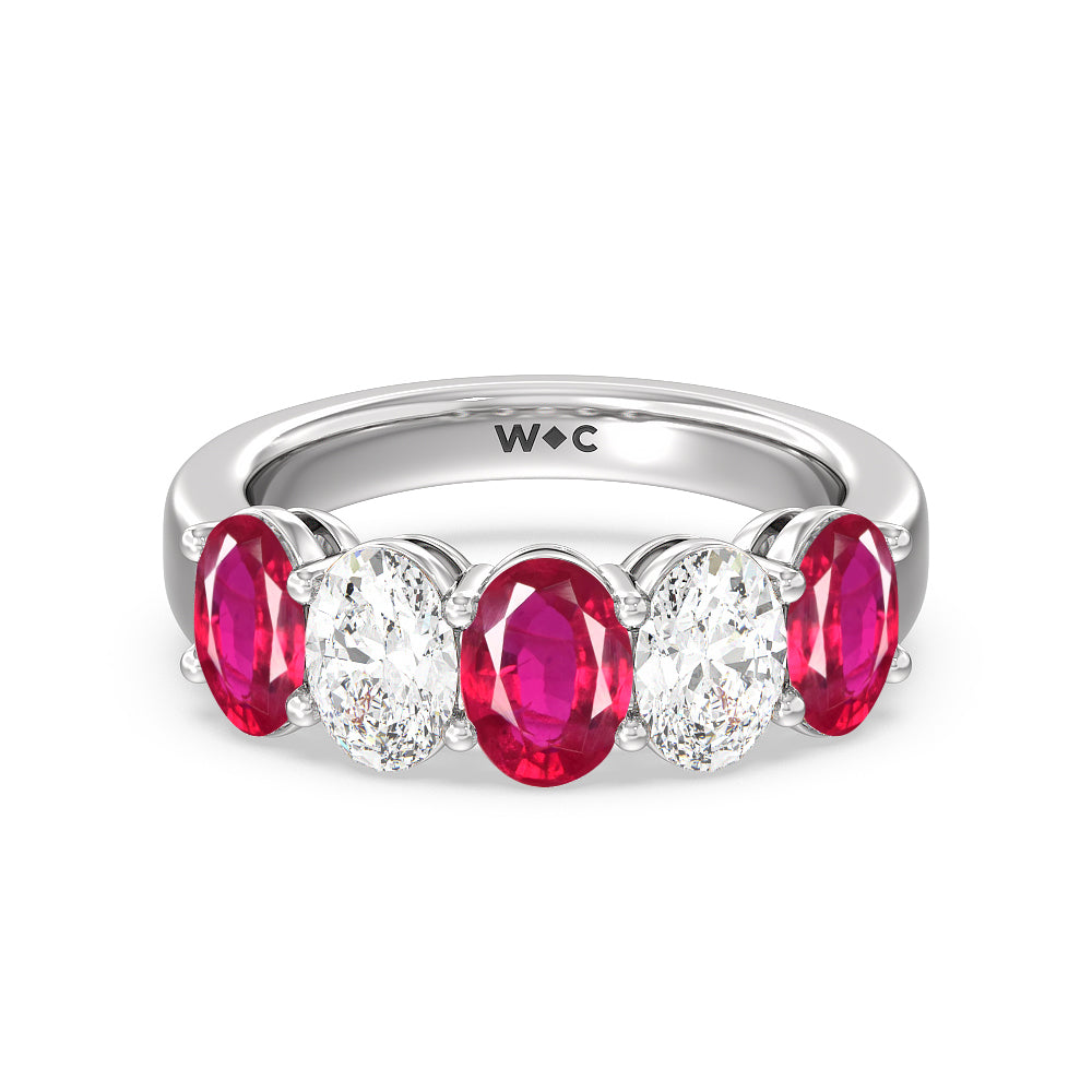 Five Stone Created Ruby and Oval Diamond Anniversary Ring with 14KT White Gold Cut Diamond in 14KT White Gold view 1
