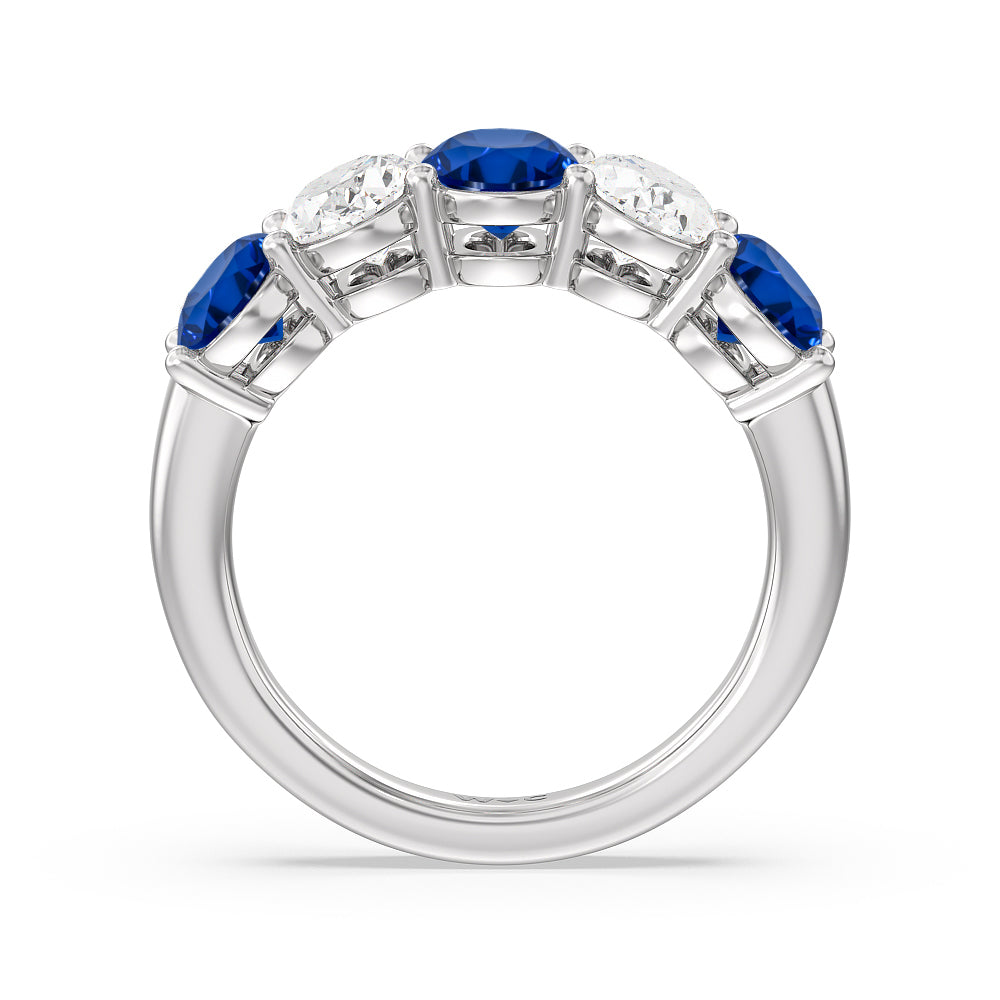 Five Stone Created Sapphire and Oval Diamond Anniversary Ring with 14KT White Gold Cut Diamond in 14KT White Gold view 3
