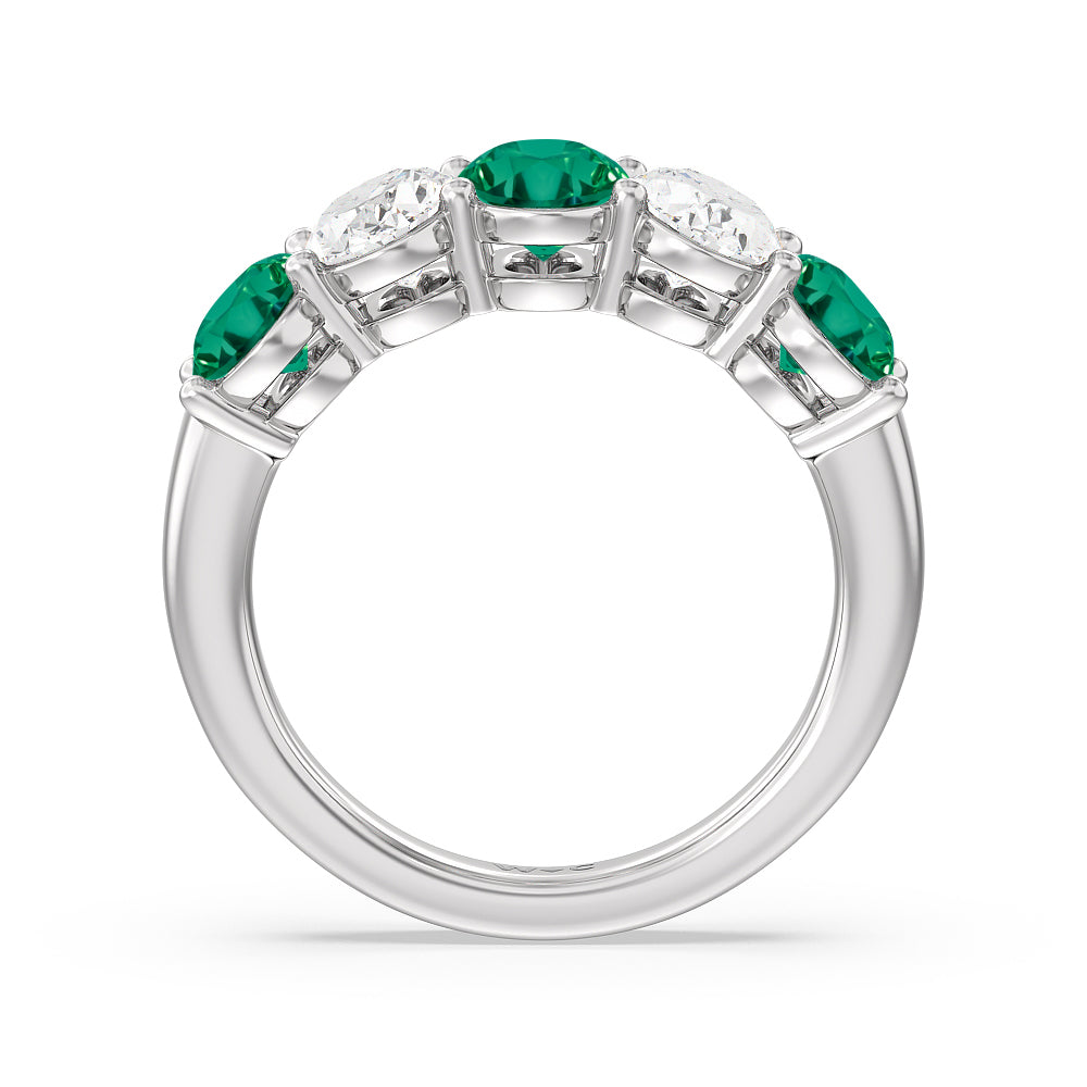 Five Stone Created Emerald and Oval Diamond Anniversary Ring with 14KT White Gold Cut Diamond in 14KT White Gold view 3
