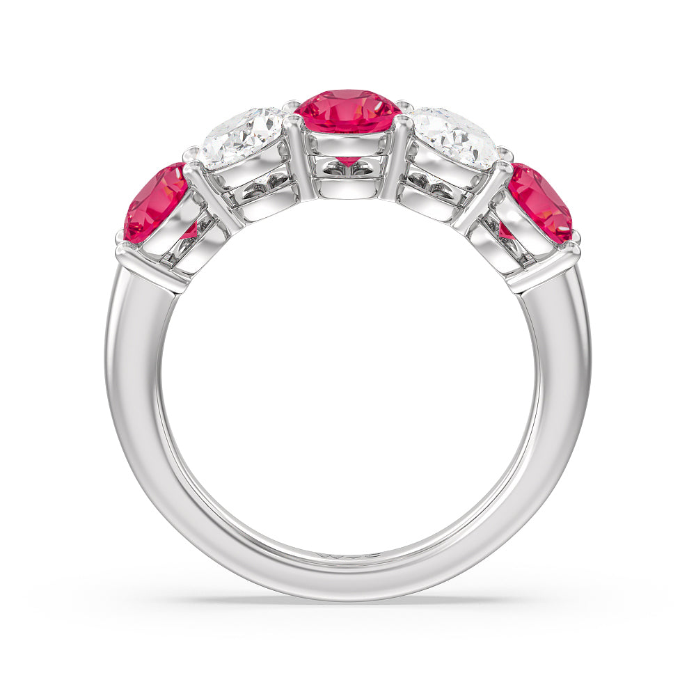Five Stone Created Ruby and Oval Diamond Anniversary Ring with 14KT White Gold Cut Diamond in 14KT White Gold view 3

