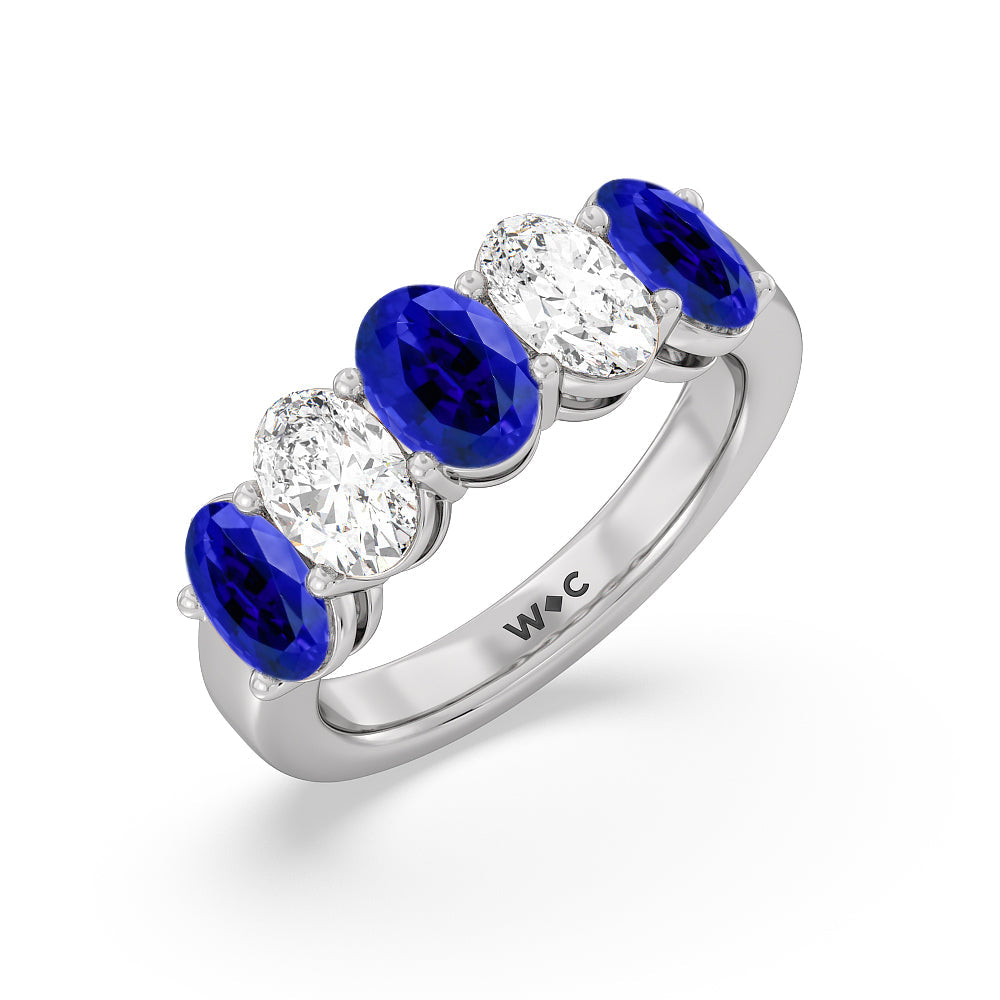 Five Stone Created Sapphire and Oval Diamond Anniversary Ring with 14KT White Gold Cut Diamond in 14KT White Gold view 2
