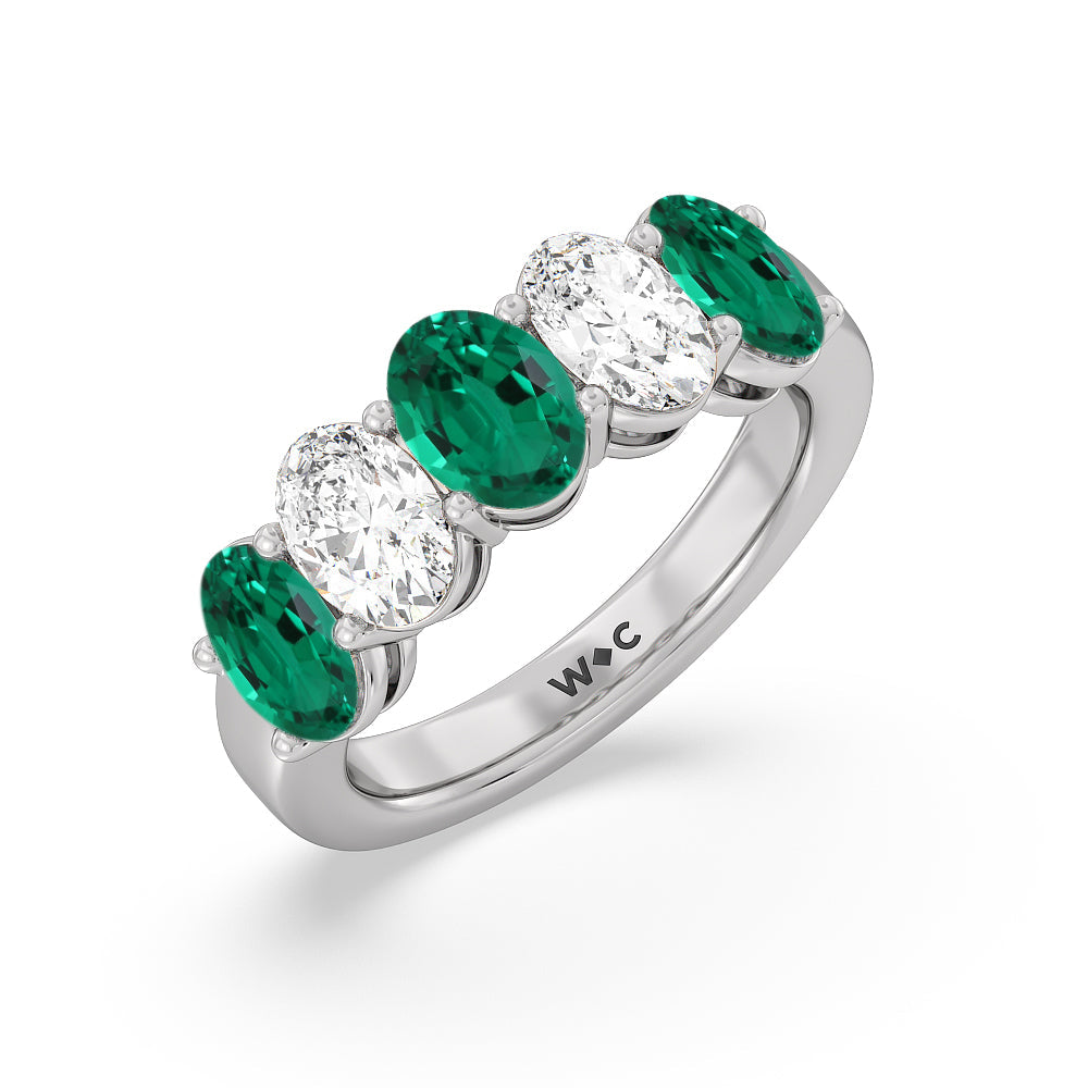 Five Stone Created Emerald and Oval Diamond Anniversary Ring with 14KT White Gold Cut Diamond in 14KT White Gold view 2
