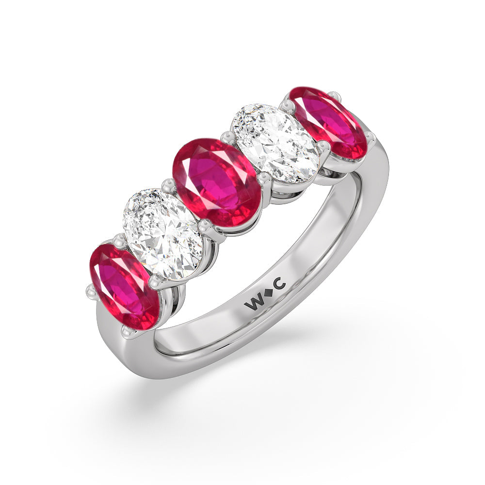 Five Stone Created Ruby and Oval Diamond Anniversary Ring with 14KT White Gold Cut Diamond in 14KT White Gold view 2
