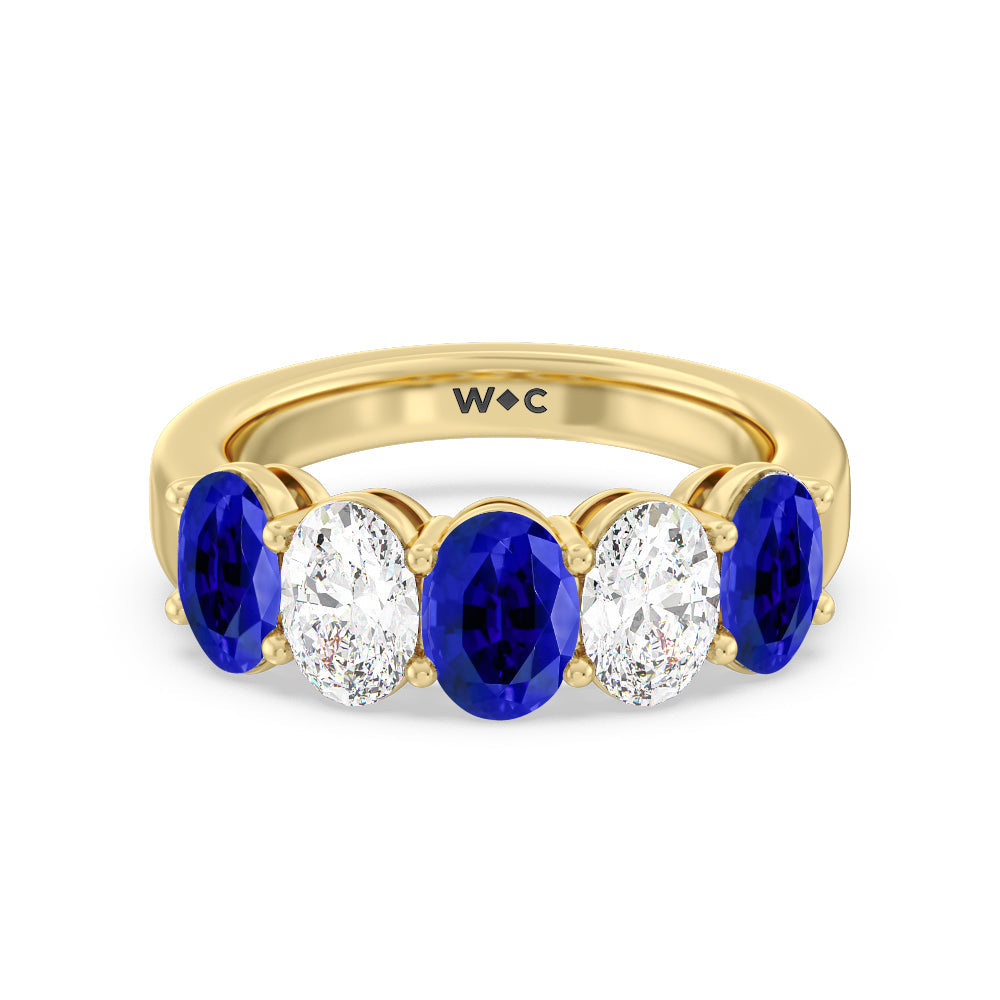 Five Stone Created Sapphire and Oval Diamond Anniversary Ring with 14KT Yellow Gold Cut Diamond in 14KT Yellow Gold view 1
