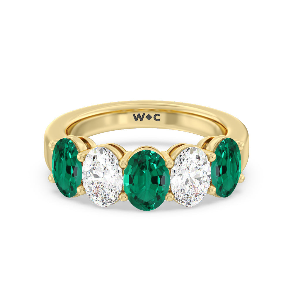 Five Stone Created Emerald and Oval Diamond Anniversary Ring with 14KT Yellow Gold Cut Diamond in 14KT Yellow Gold view 1
