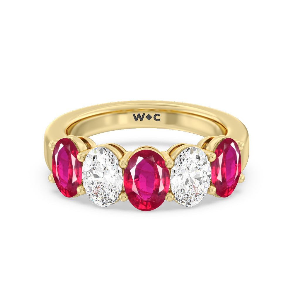 Five Stone Created Ruby and Oval Diamond Anniversary Ring with 14KT Yellow Gold Cut Diamond in 14KT Yellow Gold view 1
