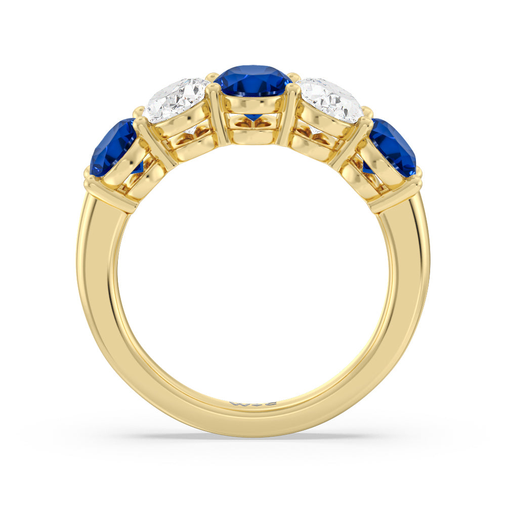 Five Stone Created Sapphire and Oval Diamond Anniversary Ring with 14KT Yellow Gold Cut Diamond in 14KT Yellow Gold view 3
