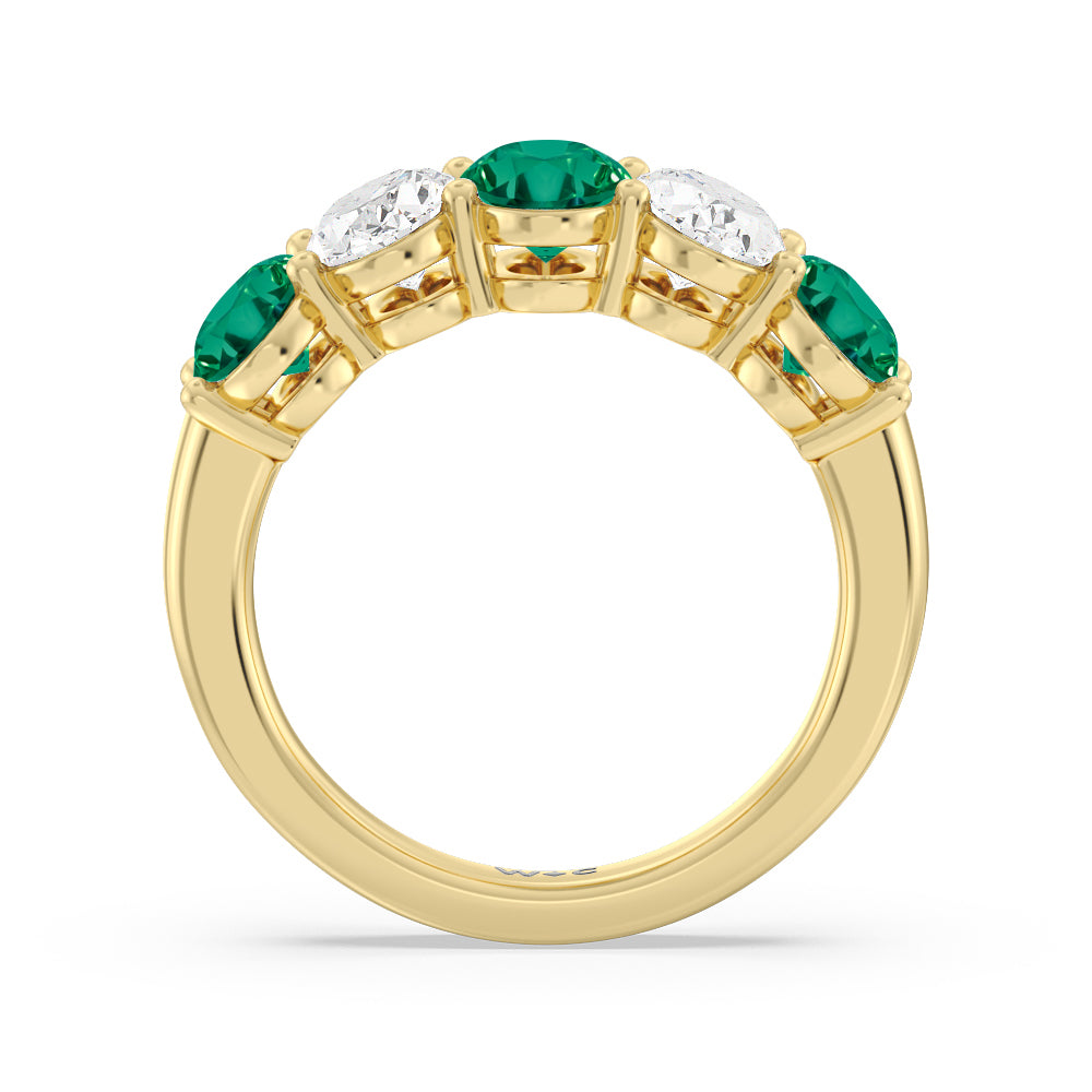 Five Stone Created Emerald and Oval Diamond Anniversary Ring with 14KT Yellow Gold Cut Diamond in 14KT Yellow Gold view 3
