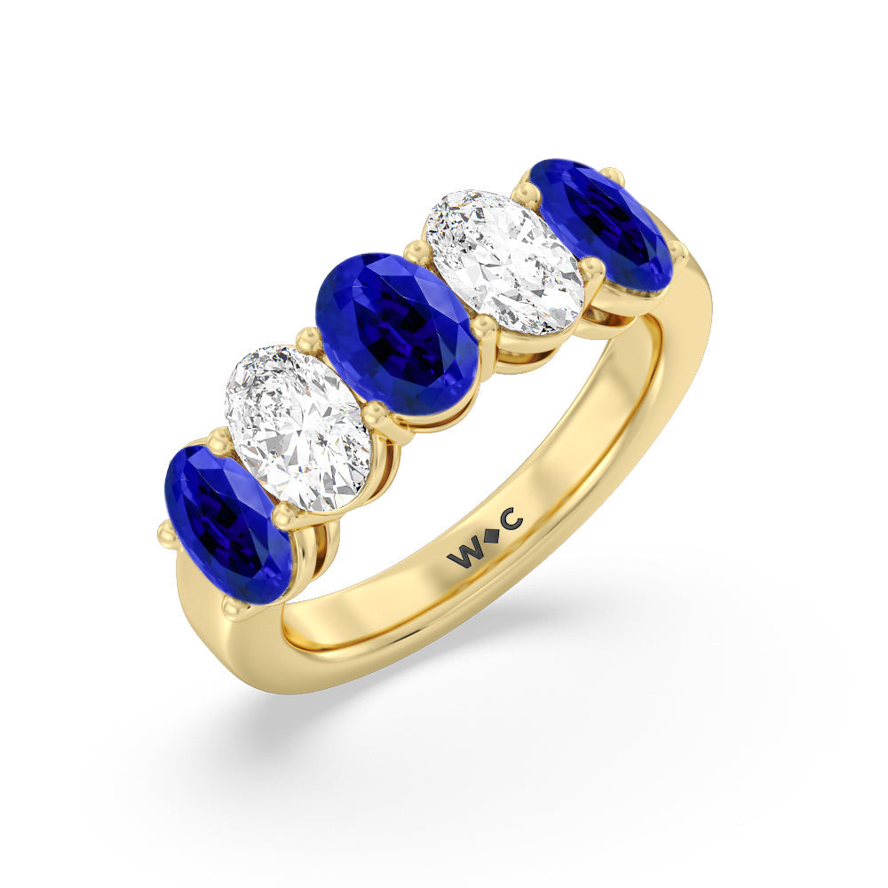 Five Stone Created Sapphire and Oval Diamond Anniversary Ring with 14KT Yellow Gold Cut Diamond in 14KT Yellow Gold view 2
