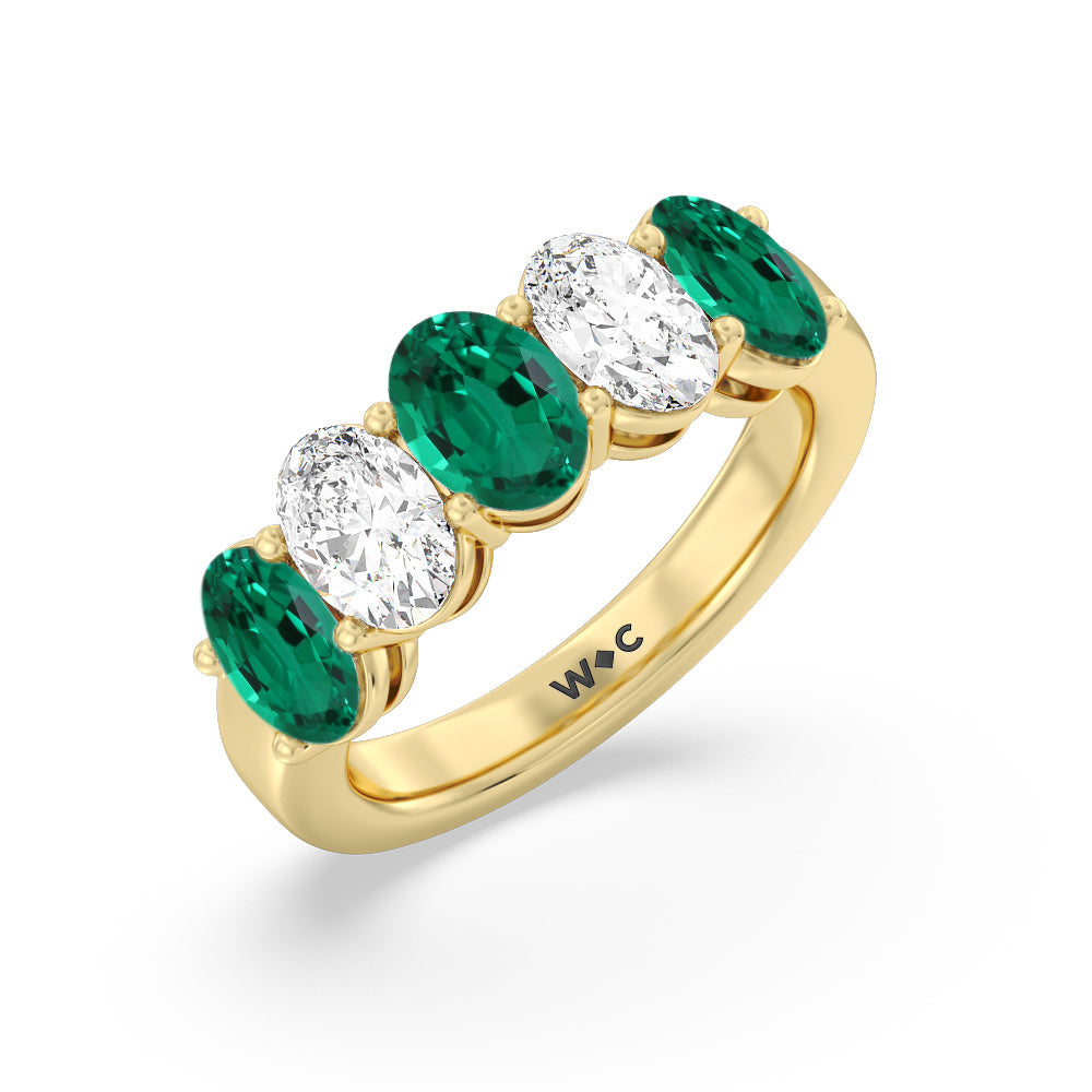 Five Stone Created Emerald and Oval Diamond Anniversary Ring with 14KT Yellow Gold Cut Diamond in 14KT Yellow Gold view 2
