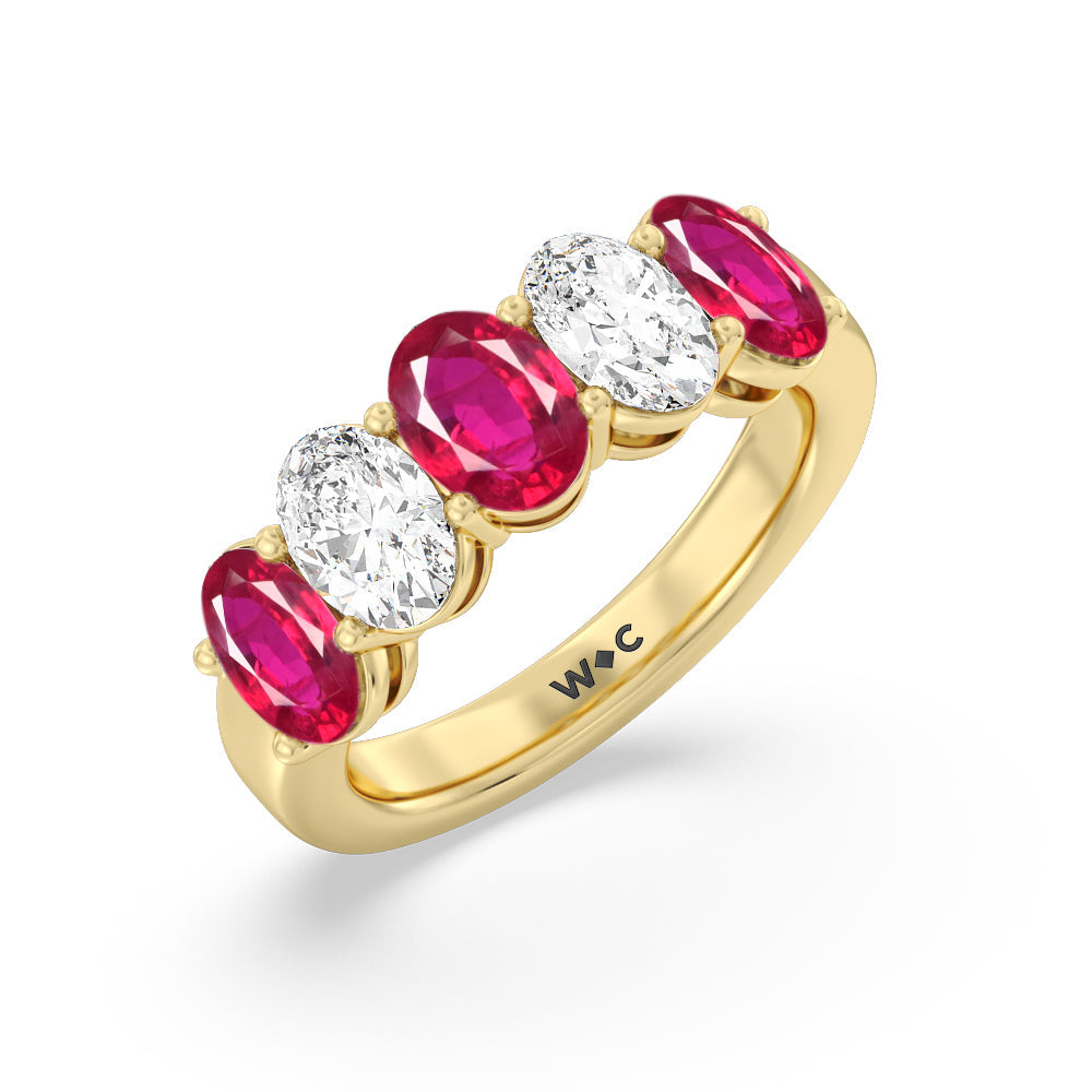 Five Stone Created Ruby and Oval Diamond Anniversary Ring with 14KT Yellow Gold Cut Diamond in 14KT Yellow Gold view 2
