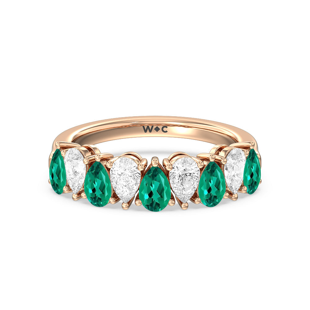 North-South Created Emerald and Pear Shape Diamond Anniversary Ring with 14KT Rose Gold Cut Diamond in 14KT Rose Gold view 1
