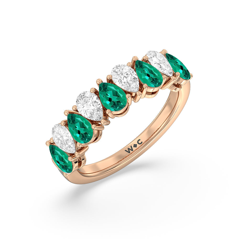 North-South Created Emerald and Pear Shape Diamond Anniversary Ring with 14KT Rose Gold Cut Diamond in 14KT Rose Gold view 2
