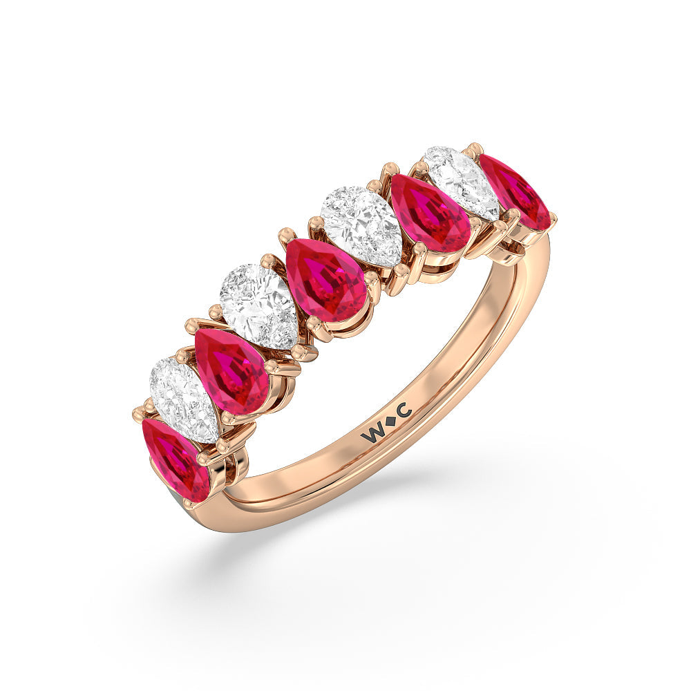 North-South Created Ruby Pear and Diamond Anniversary Ring with 14KT Rose Gold Cut Diamond in 14KT Rose Gold view 2
