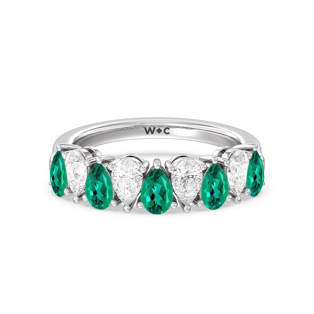 North-South Created Emerald and Pear Shape Diamond Anniversary Ring with 14KT White Gold Cut Diamond in 14KT White Gold view 1
