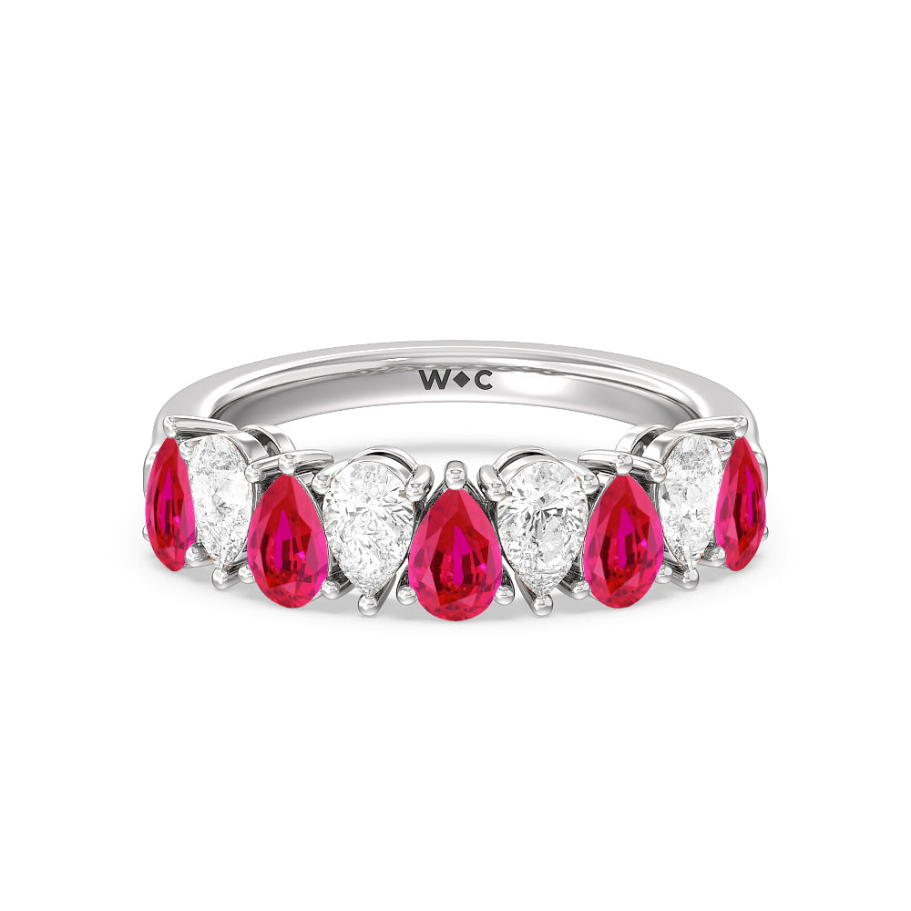 North-South Created Ruby Pear and Diamond Anniversary Ring with 14KT White Gold Cut Diamond in 14KT White Gold view 1
