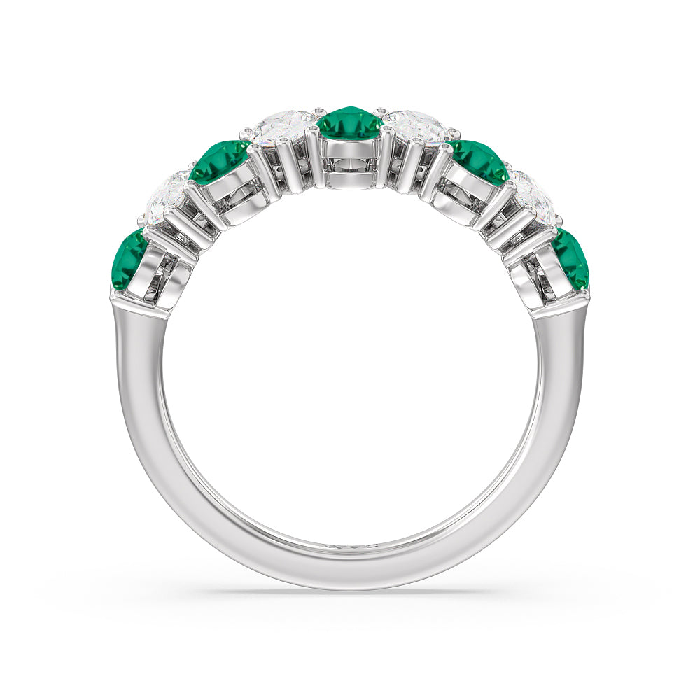 North-South Created Emerald and Pear Shape Diamond Anniversary Ring with 14KT White Gold Cut Diamond in 14KT White Gold view 3
