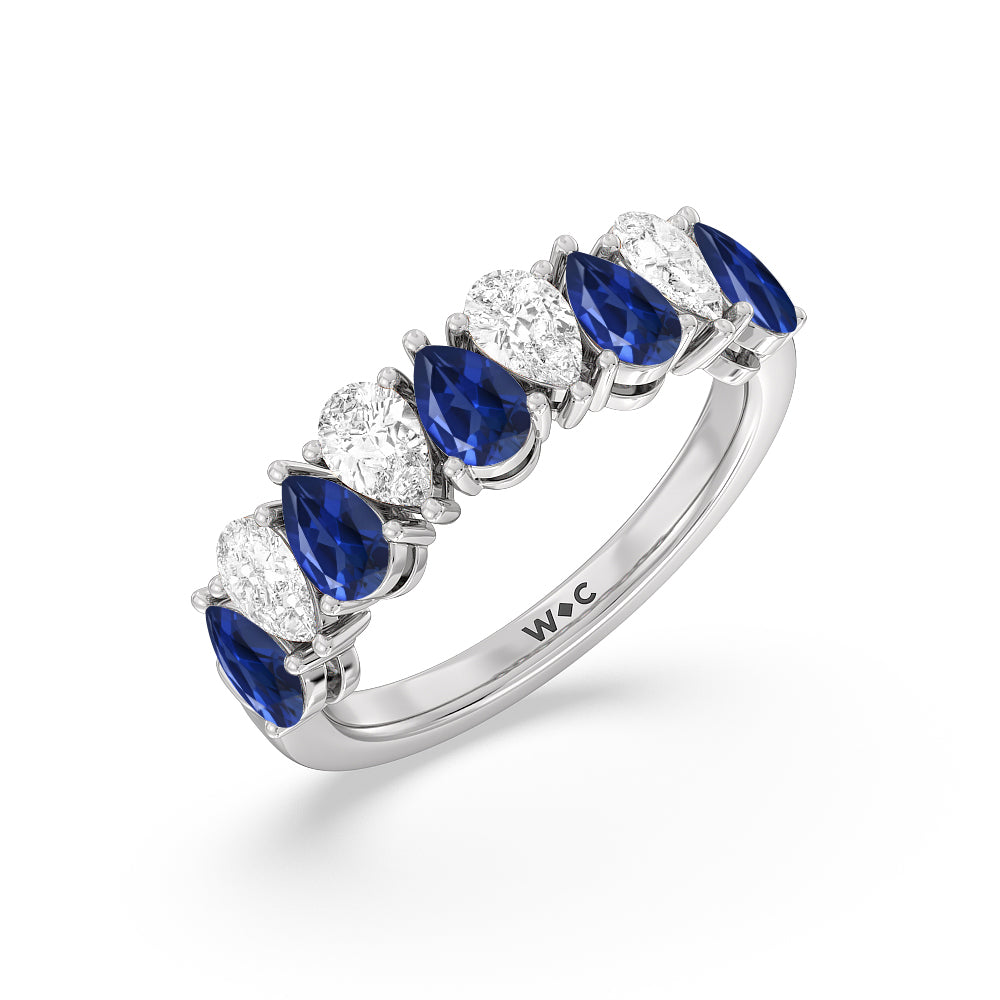 North-South Created Sapphire Pear and Diamond Anniversary Ring with 14KT White Gold Cut Diamond in 14KT White Gold view 2
