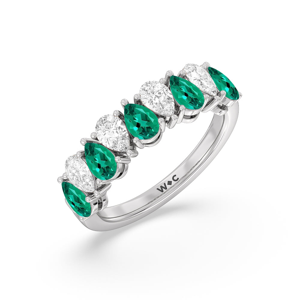 North-South Created Emerald and Pear Shape Diamond Anniversary Ring with 14KT White Gold Cut Diamond in 14KT White Gold view 2
