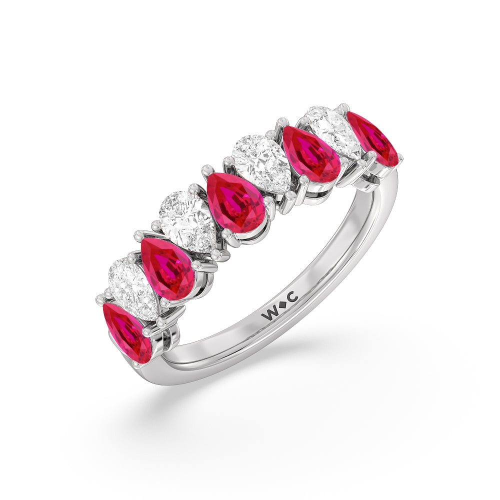North-South Created Ruby Pear and Diamond Anniversary Ring with 14KT White Gold Cut Diamond in 14KT White Gold view 2
