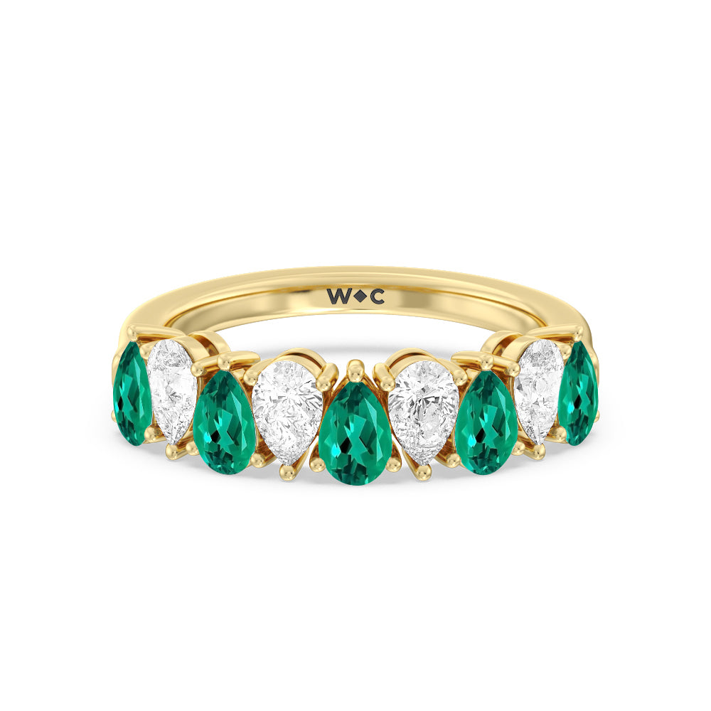 North-South Created Emerald and Pear Shape Diamond Anniversary Ring with 14KT Yellow Gold Cut Diamond in 14KT Yellow Gold view 1
