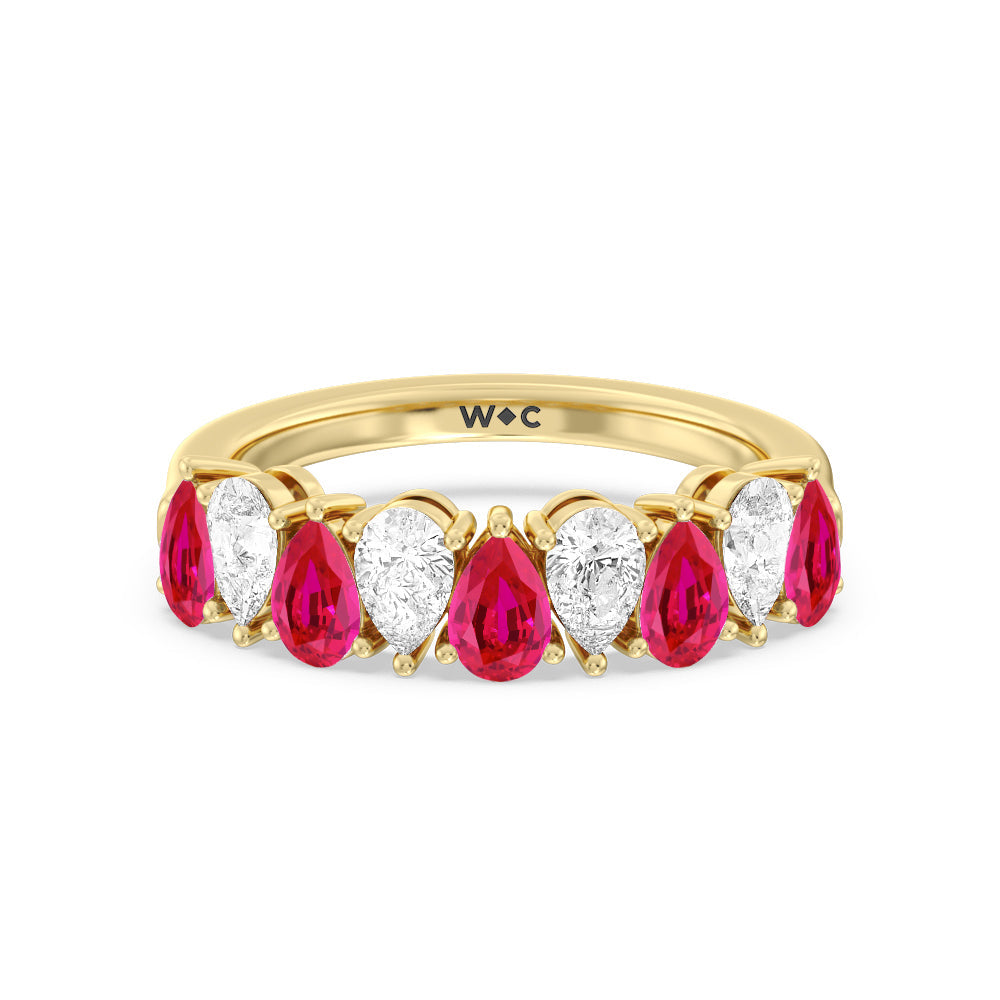 North-South Created Ruby Pear and Diamond Anniversary Ring with 14KT Yellow Gold Cut Diamond in 14KT Yellow Gold view 1
