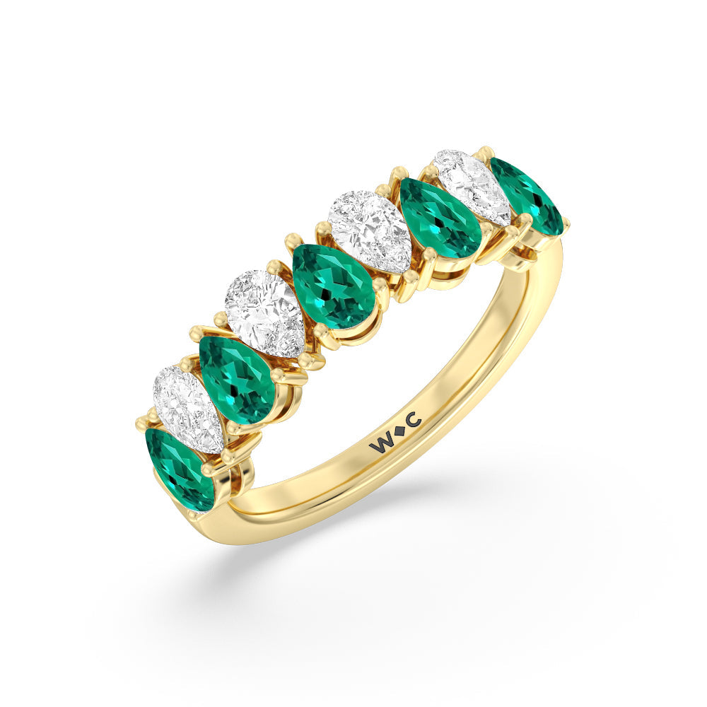 North-South Created Emerald and Pear Shape Diamond Anniversary Ring with 14KT Yellow Gold Cut Diamond in 14KT Yellow Gold view 2

