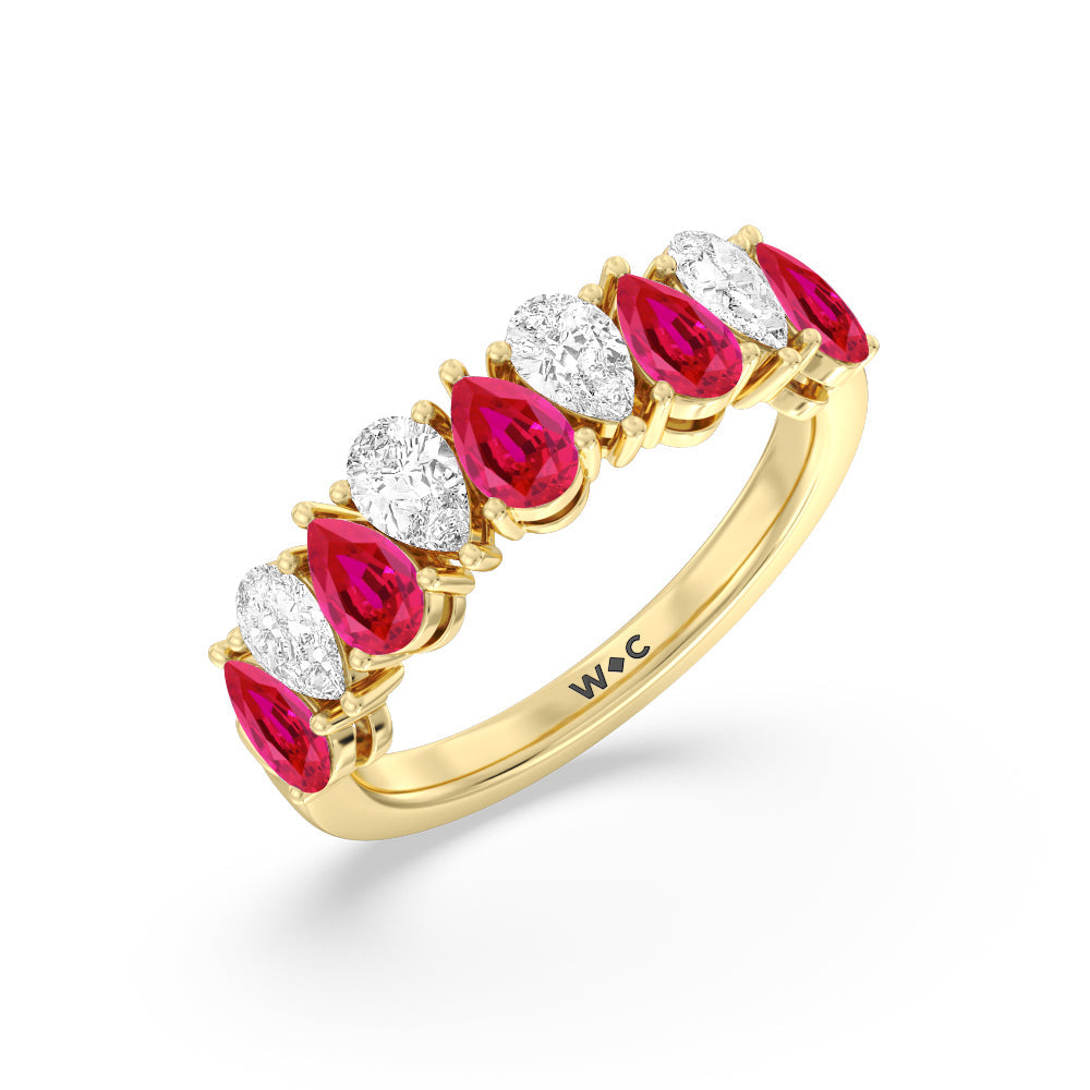 North-South Created Ruby Pear and Diamond Anniversary Ring with 14KT Yellow Gold Cut Diamond in 14KT Yellow Gold view 2
