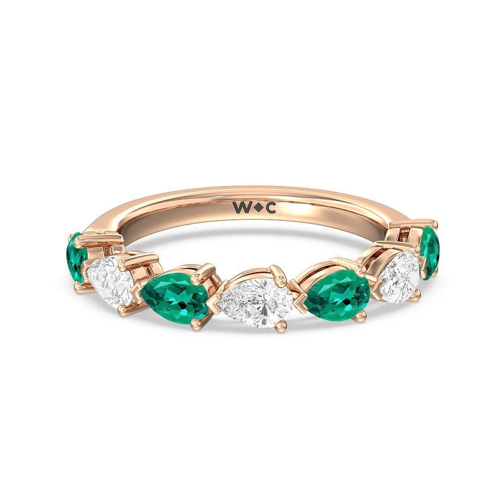 Trailing Created Emerald and Pear Shape Diamond Anniversary Ring with 14KT Rose Gold Cut Diamond in 14KT Rose Gold view 1
