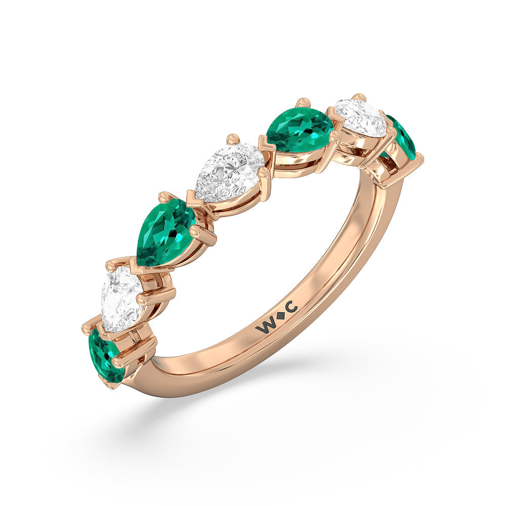 Trailing Created Emerald and Pear Shape Diamond Anniversary Ring with 14KT Rose Gold Cut Diamond in 14KT Rose Gold view 2
