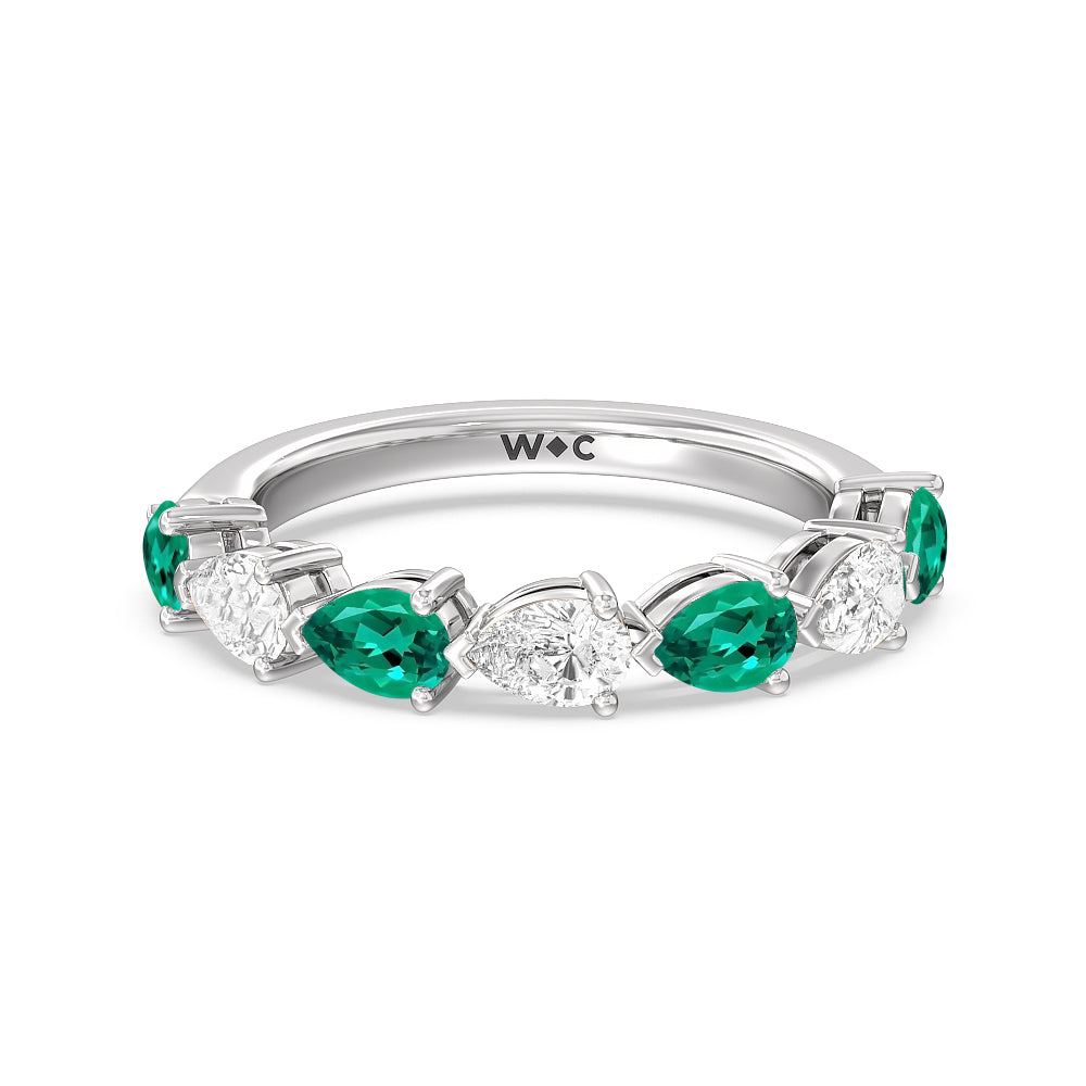 Trailing Created Emerald and Pear Shape Diamond Anniversary Ring with 14KT White Gold Cut Diamond in 14KT White Gold view 1
