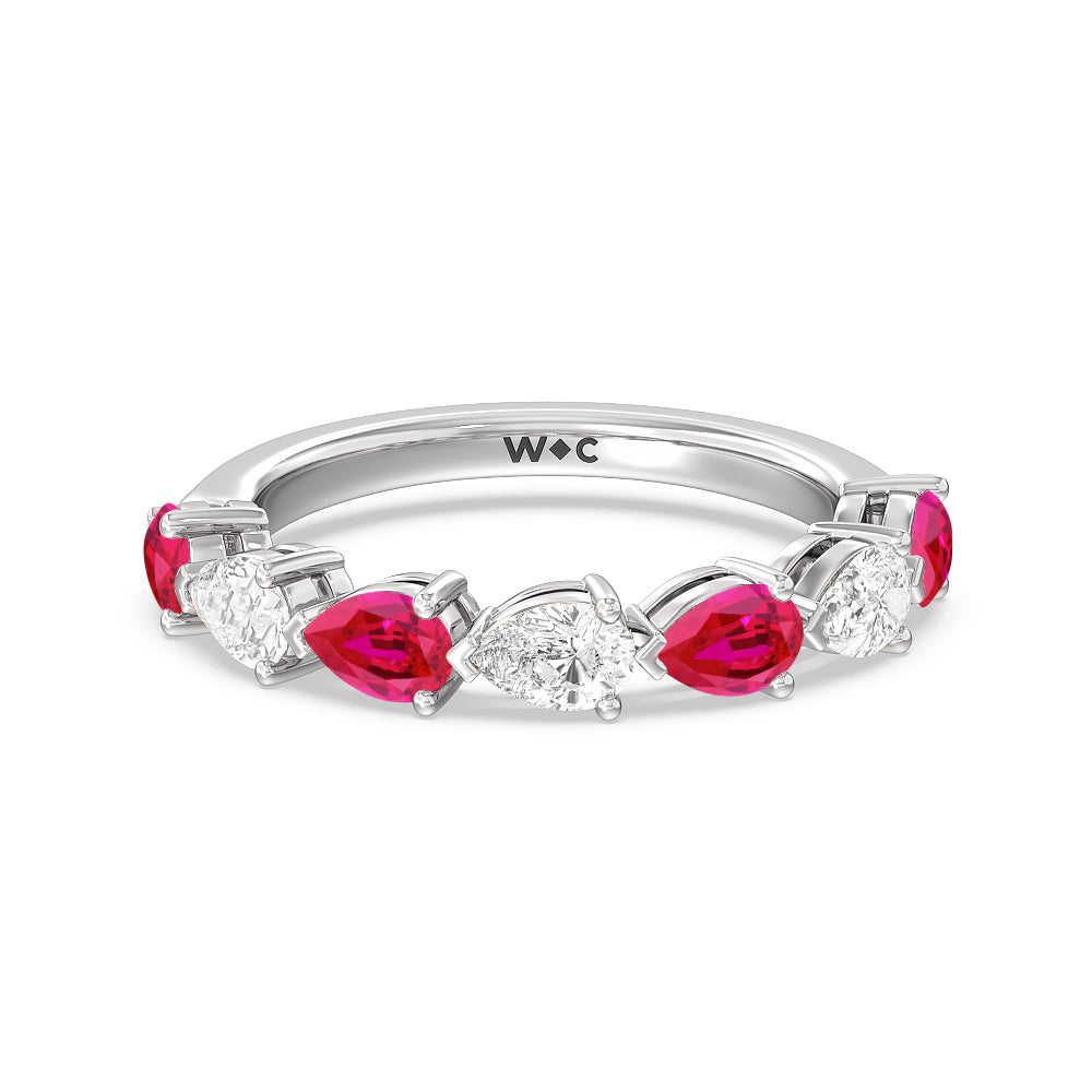 Trailing Created Ruby Pear and Diamond Anniversary Ring with 14KT White Gold Cut Diamond in 14KT White Gold view 1
