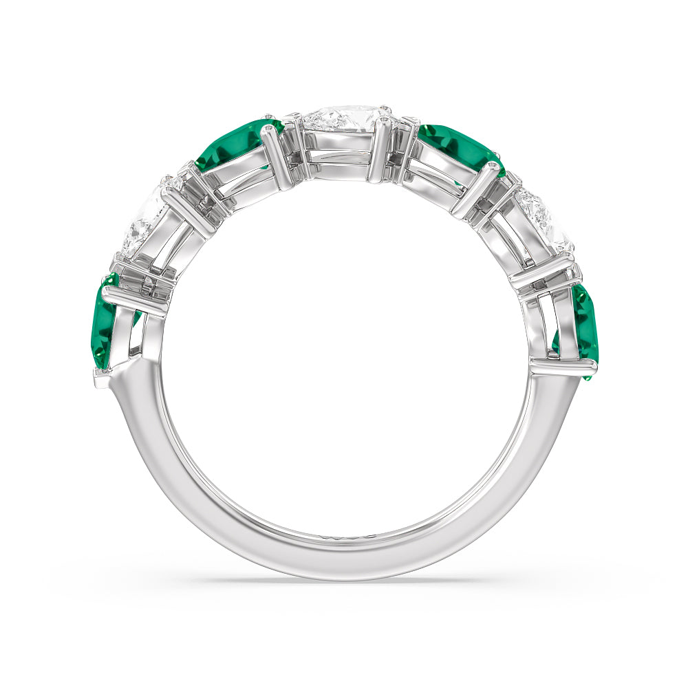 Trailing Created Emerald and Pear Shape Diamond Anniversary Ring with 14KT White Gold Cut Diamond in 14KT White Gold view 3
