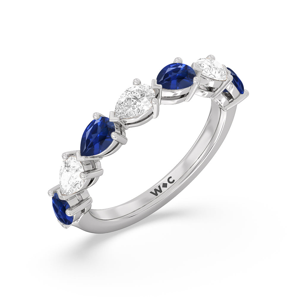 Trailing Created Sapphire Pear and Diamond Anniversary Ring with 14KT White Gold Cut Diamond in 14KT White Gold view 2
