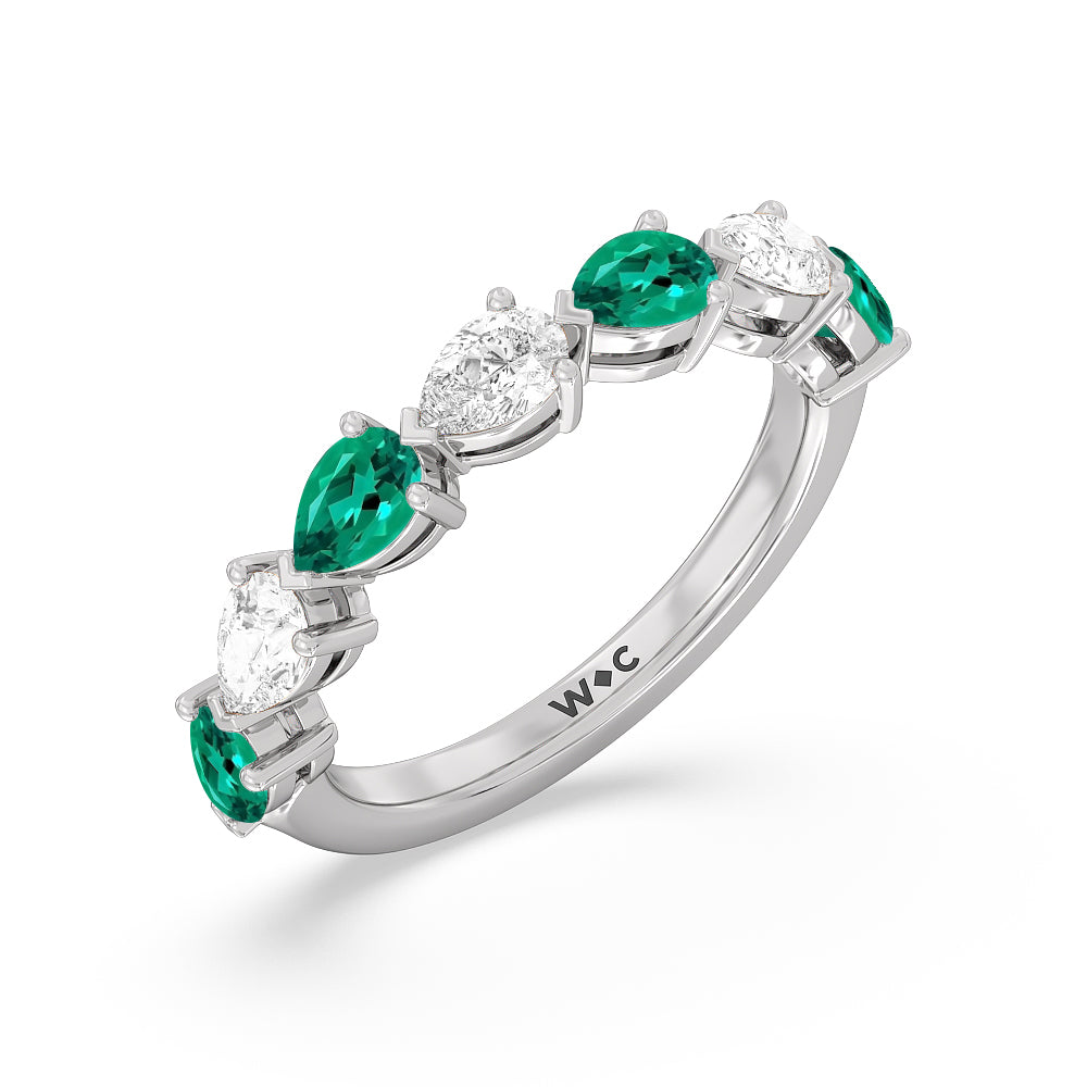 Trailing Created Emerald and Pear Shape Diamond Anniversary Ring with 14KT White Gold Cut Diamond in 14KT White Gold view 2
