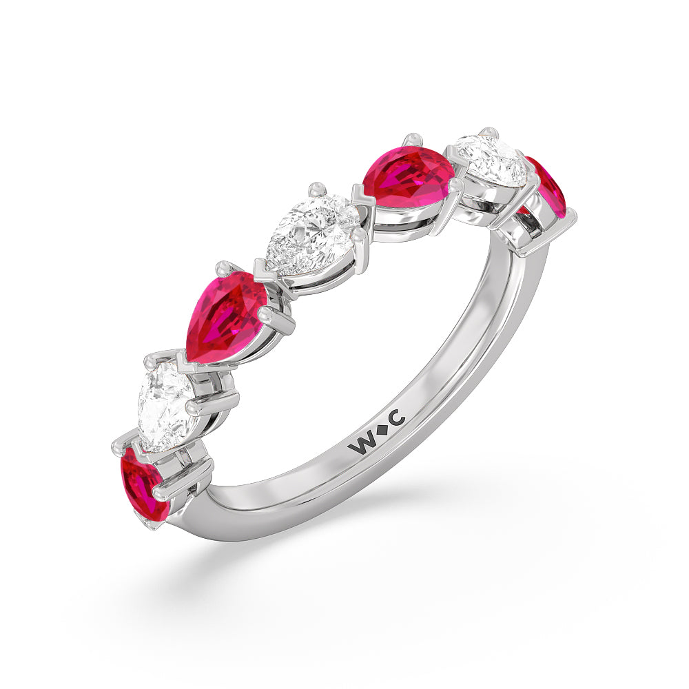 Trailing Created Ruby Pear and Diamond Anniversary Ring with 14KT White Gold Cut Diamond in 14KT White Gold view 2
