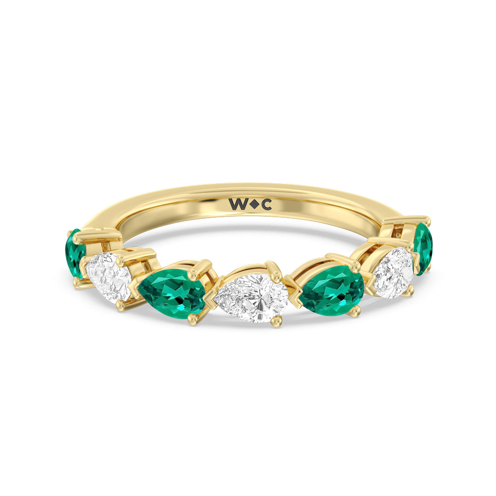 Trailing Created Emerald and Pear Shape Diamond Anniversary Ring with 14KT Yellow Gold Cut Diamond in 14KT Yellow Gold view 1
