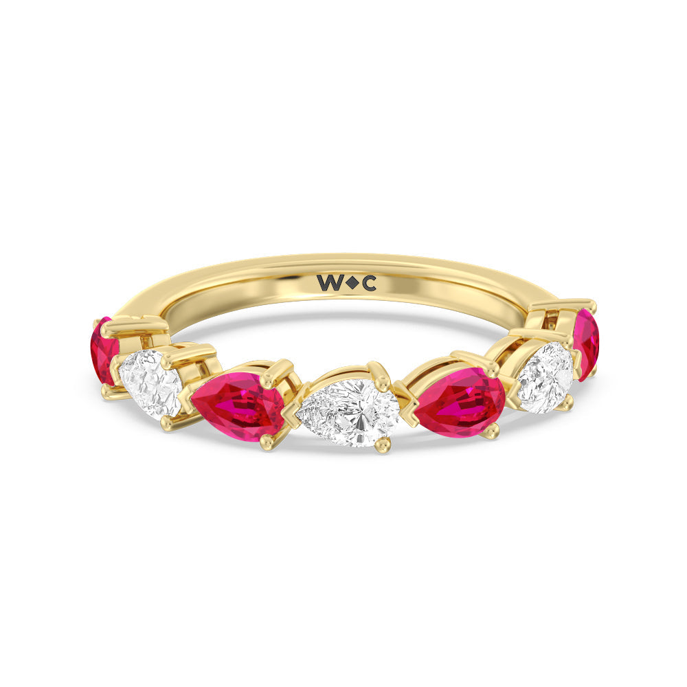 Trailing Created Ruby Pear and Diamond Anniversary Ring with 14KT Yellow Gold Cut Diamond in 14KT Yellow Gold view 1
