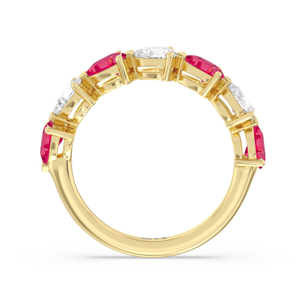Trailing Created Ruby Pear and Diamond Anniversary Ring with 14KT Yellow Gold Cut Diamond in 14KT Yellow Gold view 3
