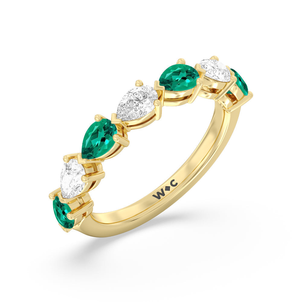 Trailing Created Emerald and Pear Shape Diamond Anniversary Ring with 14KT Yellow Gold Cut Diamond in 14KT Yellow Gold view 2
